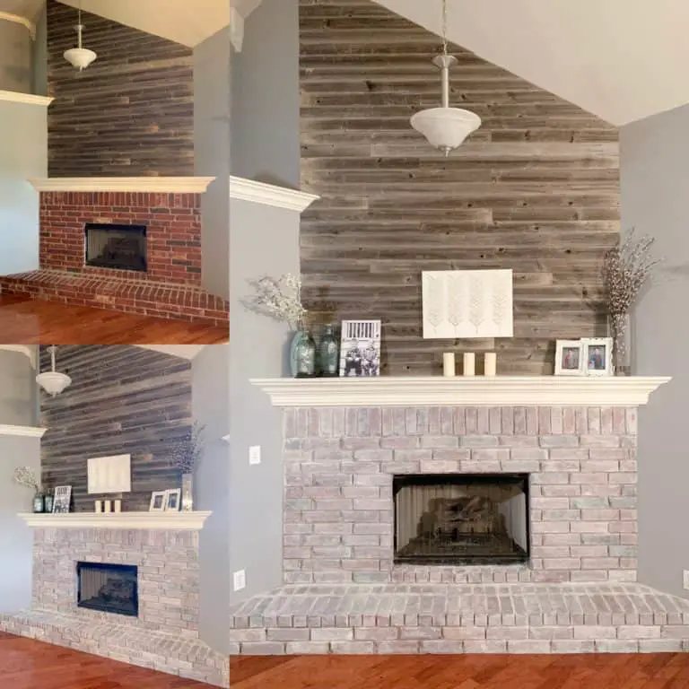 Whitewashed fireplace brick Before and After