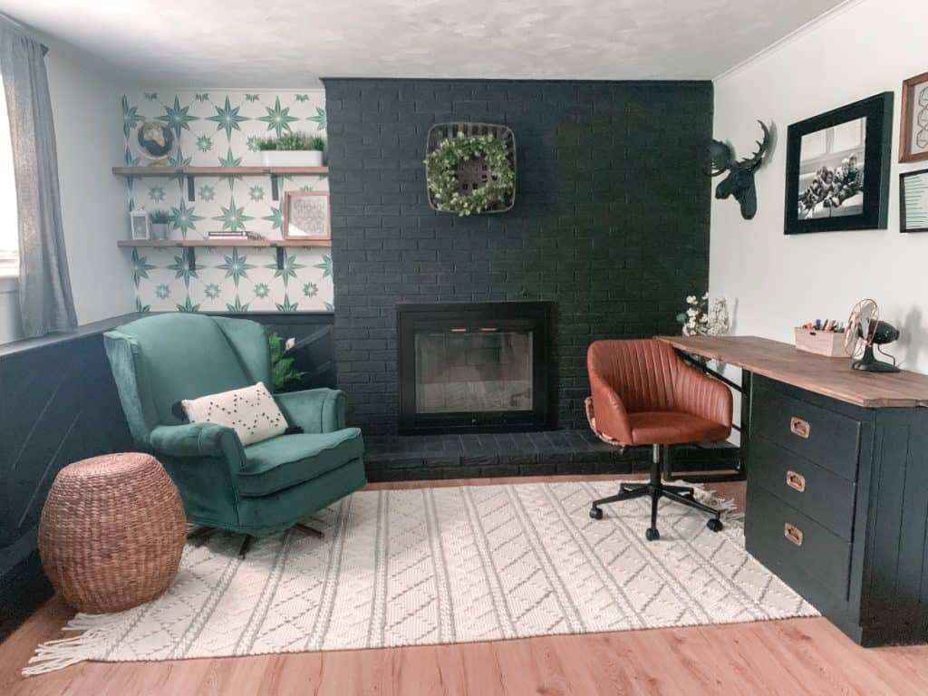 Boho guest room fireplace