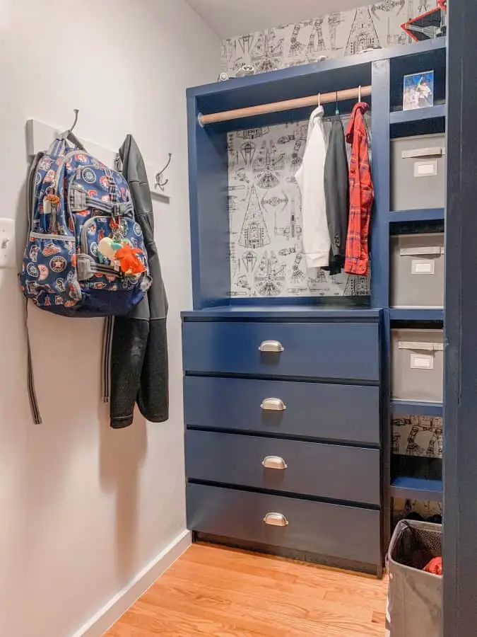 After closet with drawers and hooks